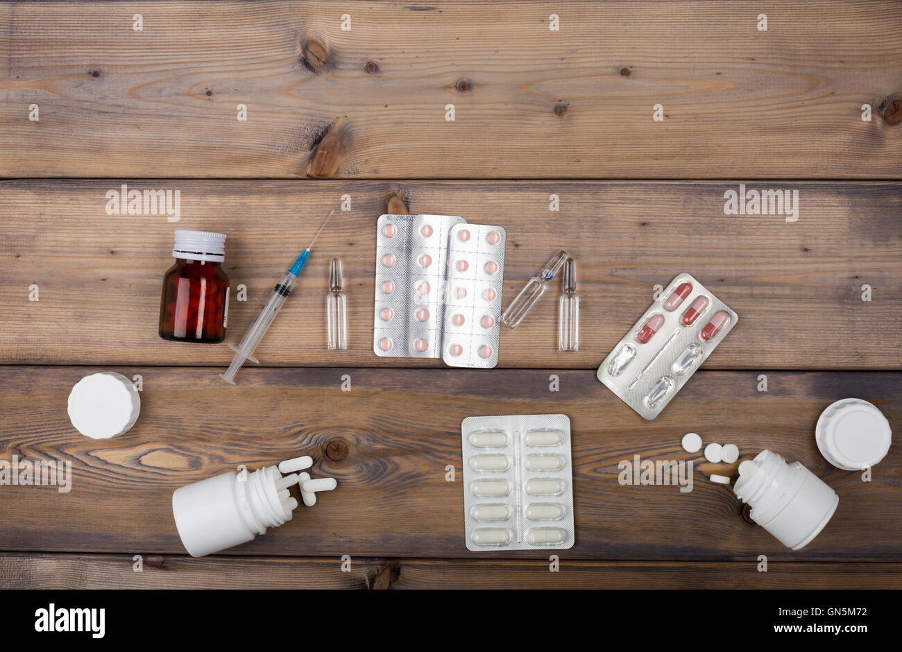 Setup from various pill bottles an blister pack Stock Photo Alamy