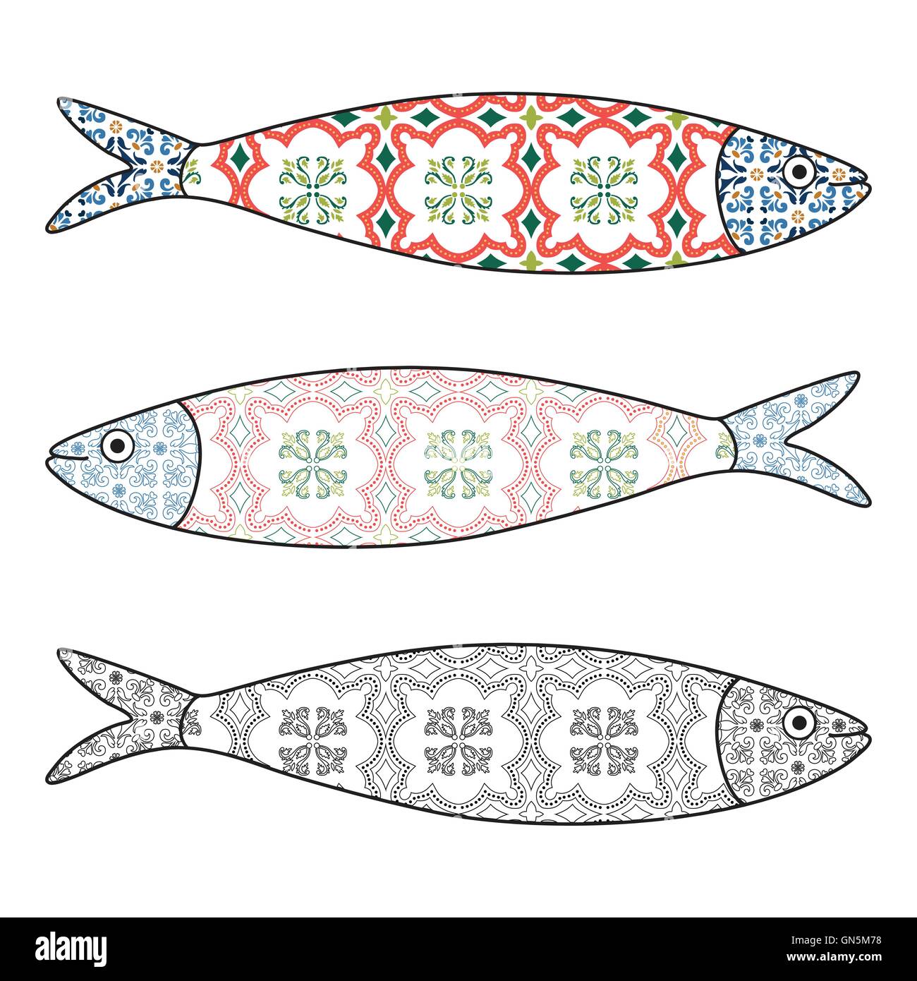 Traditional Portuguese icon. Colored sardines with typical Portu Stock Vector