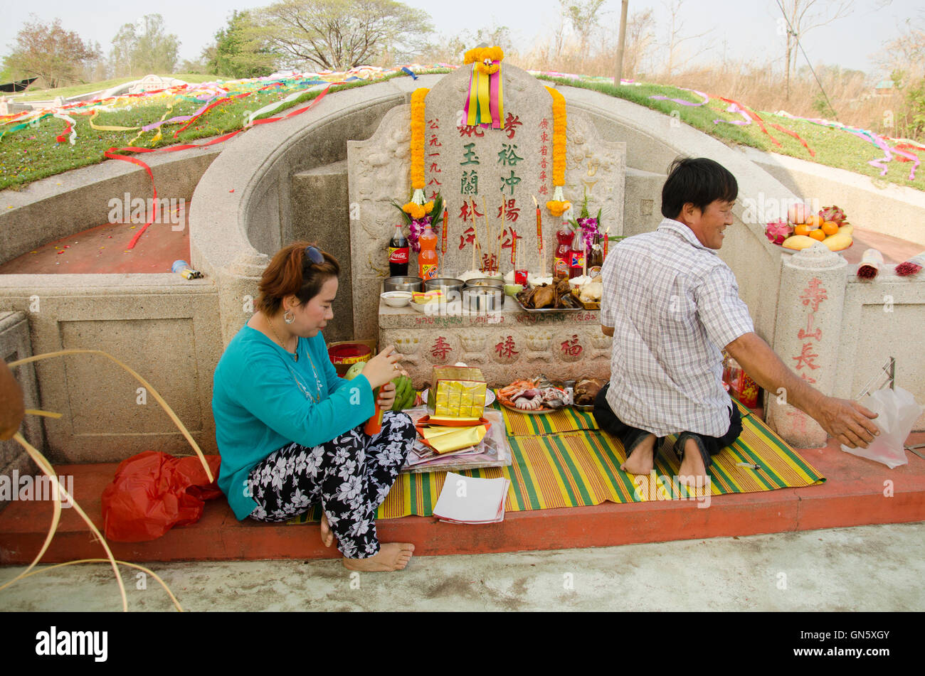 My family praying and sacrificial offering food and joss paper to