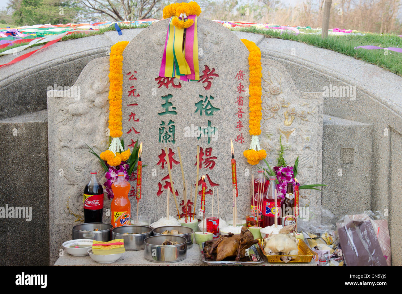 My family praying and sacrificial offering food and joss paper to