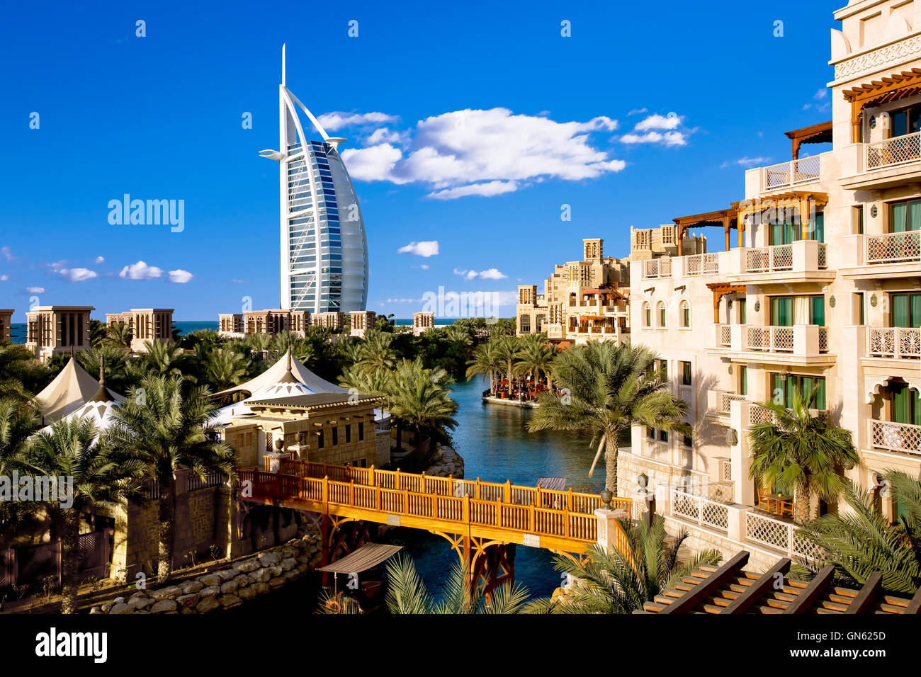 Burj al Arab and Medinat hotel in Dubai, United Arab Emirates Stock Photo