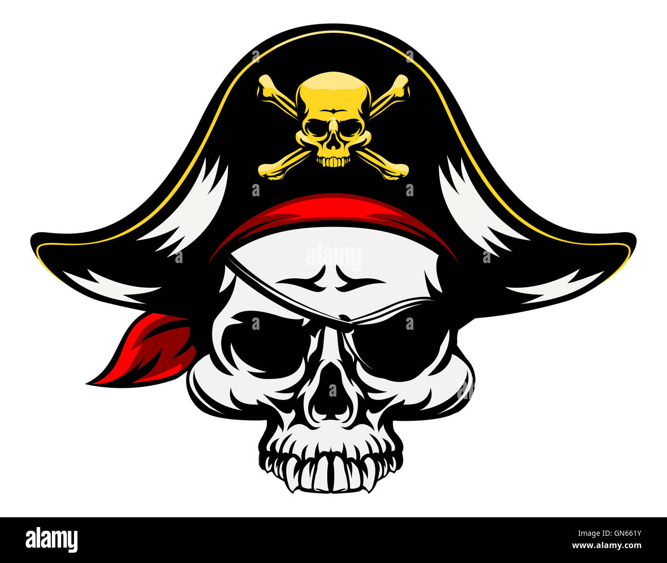 A pirate Skull wearing a tricorn hat and an eyepatch Stock Photo