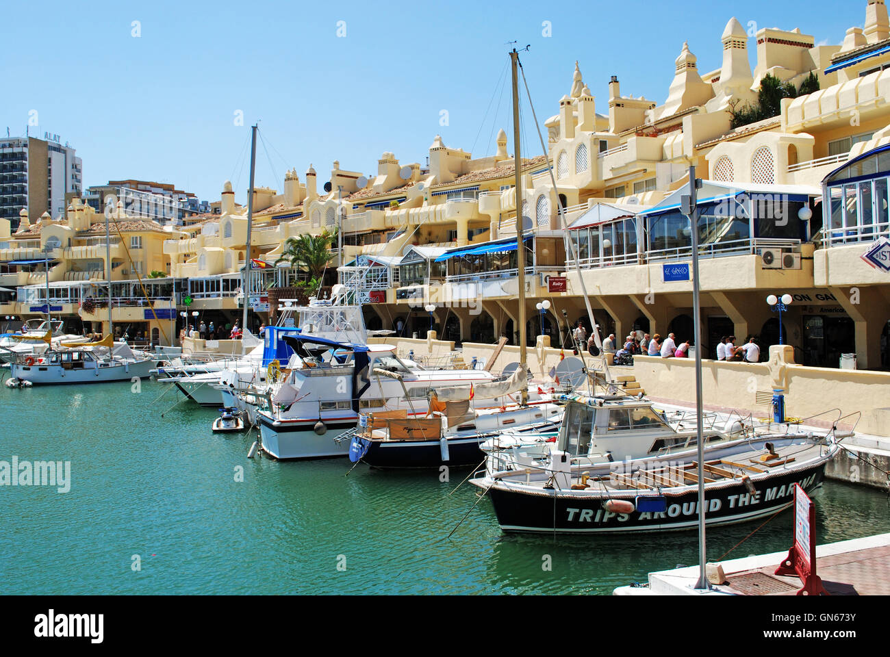 View of boats and waterfront in the marina area, Benalmadena, Costa del ...