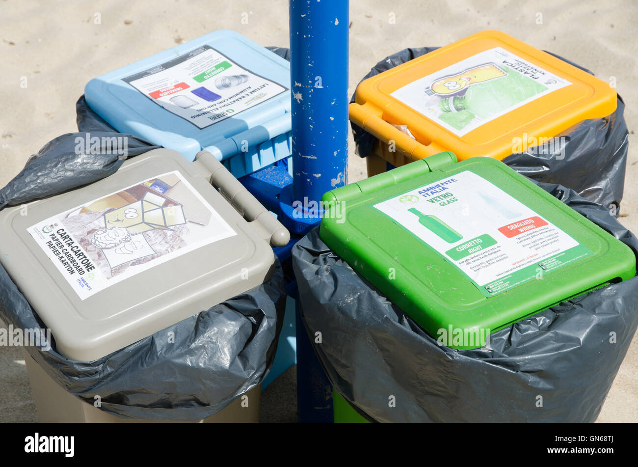 Badesi, Sardinia, Italy - july 15, 2016. Containers for recycling in the beach. The right solution for a clean beach. Stock Photo