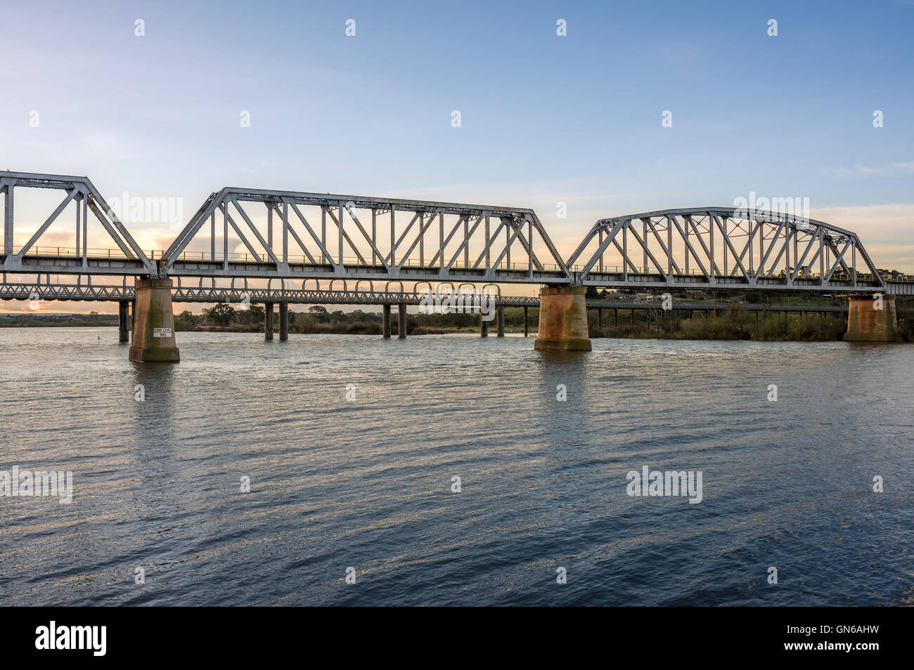 The rail and road bridges over the River Murray at Murray Bridge South Australia. Stock Photo