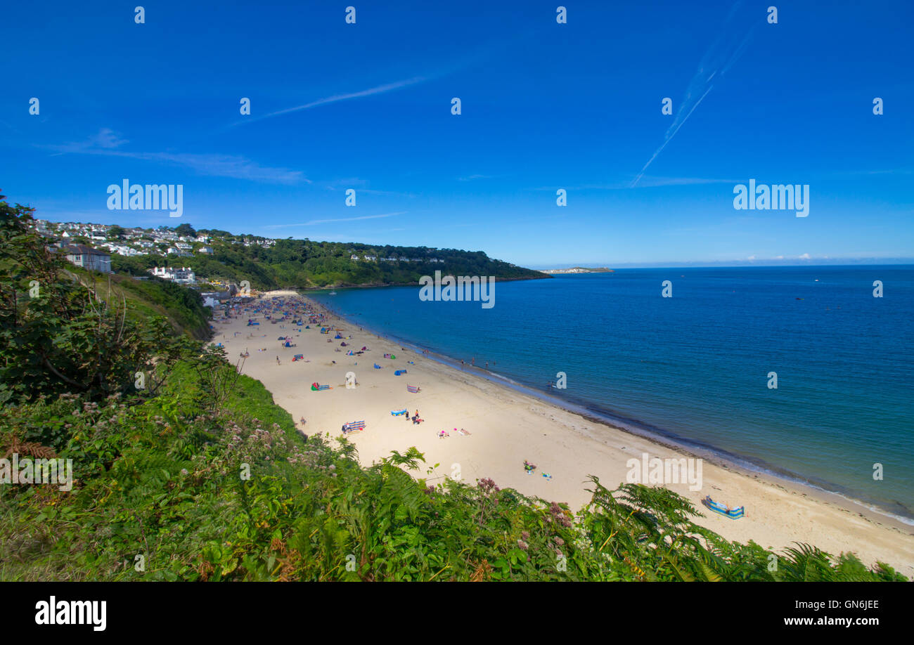 Carbis Bay pictured from the South West Coastal Path leading from Hayle to St. Ives. Cornwall, UK Stock Photo