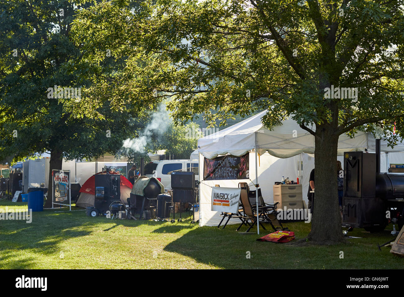 Barbecue competition teams at work, New Holland, Lancaster County, Pennsylvania, USA Stock Photo