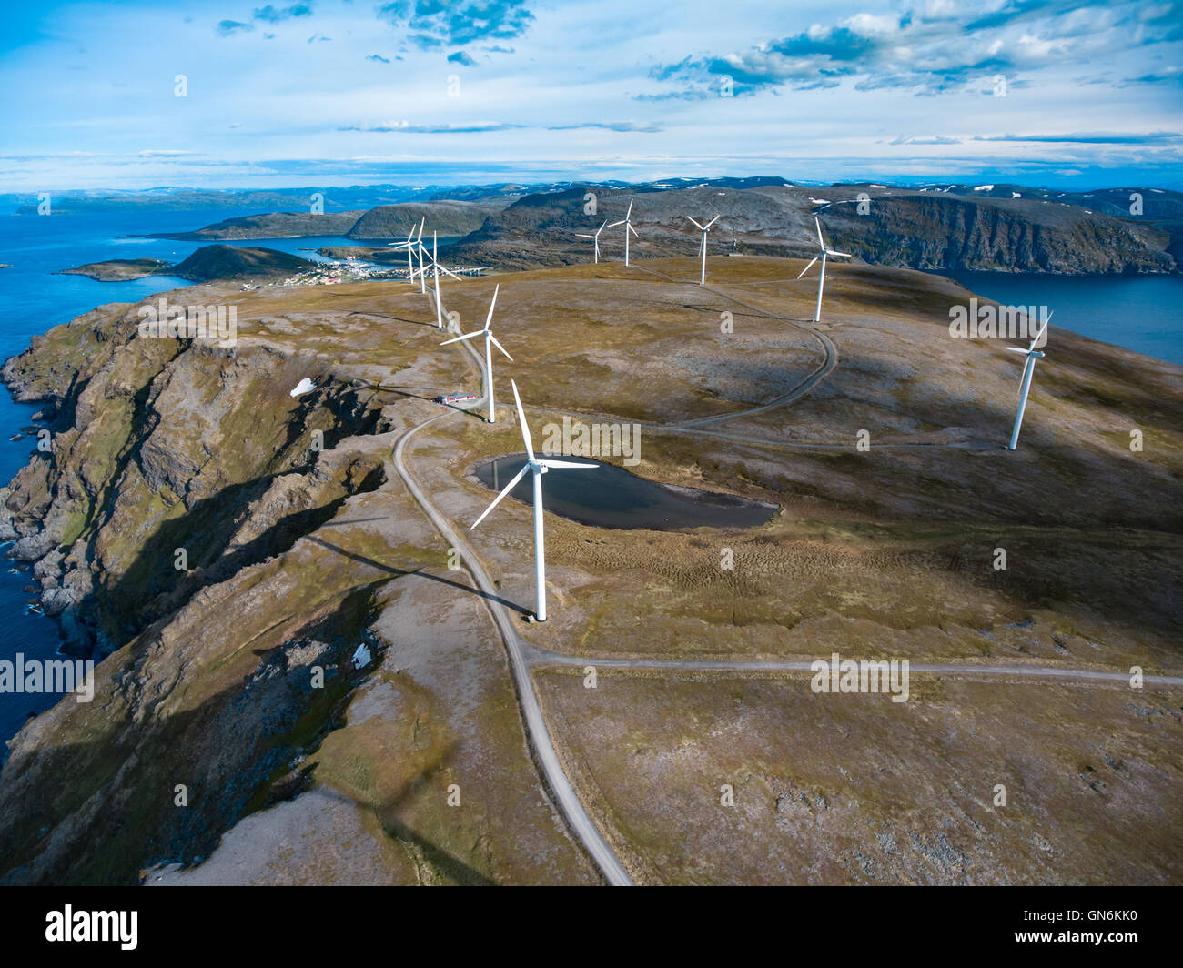 Windmills for electric power production. Northern Norway Stock Photo