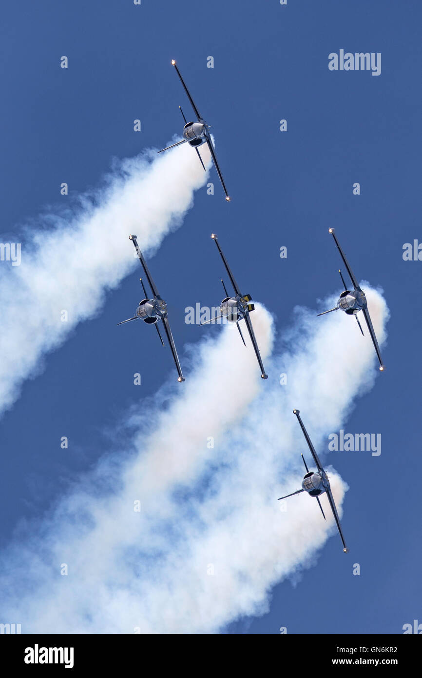 The Breitling Jet Team flying Aero L-39 Albatross Aircraft. The formation team is sponsored by Swiss watchmaker Breitling Stock Photo