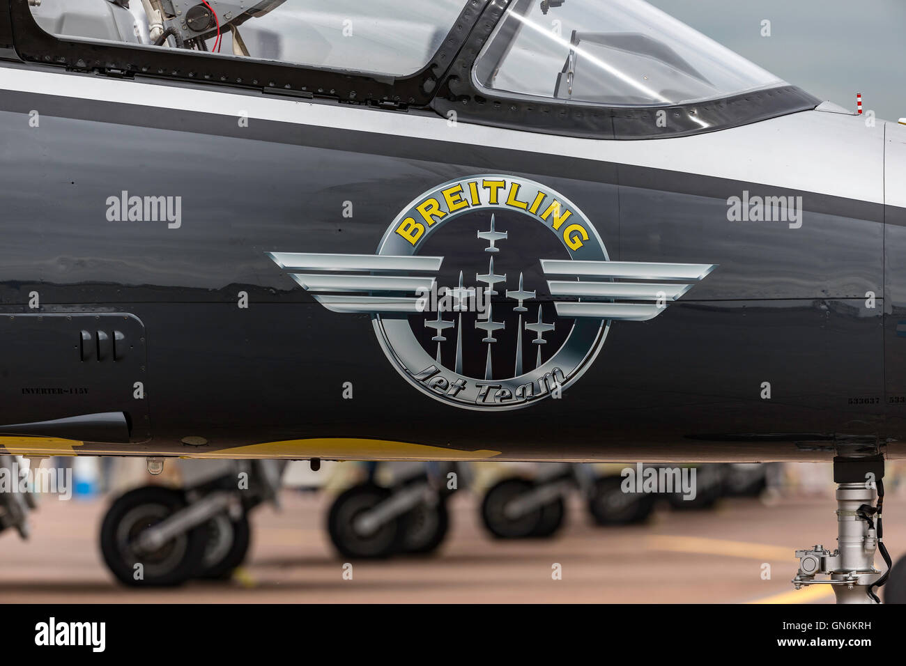 The Breitling Jet Team flying Aero L-39 Albatross Aircraft. The formation team is sponsored by Swiss watchmaker Breitling Stock Photo