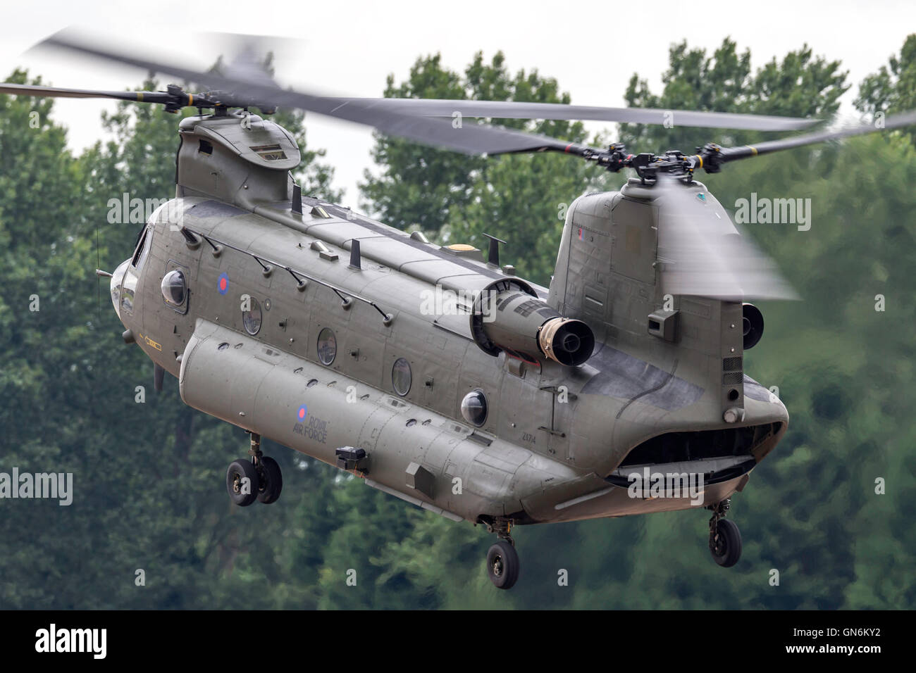 Royal Air Force (RAF) Boeing Chinook HC2 twin rotor heavy lift transport Helicopter. Stock Photo