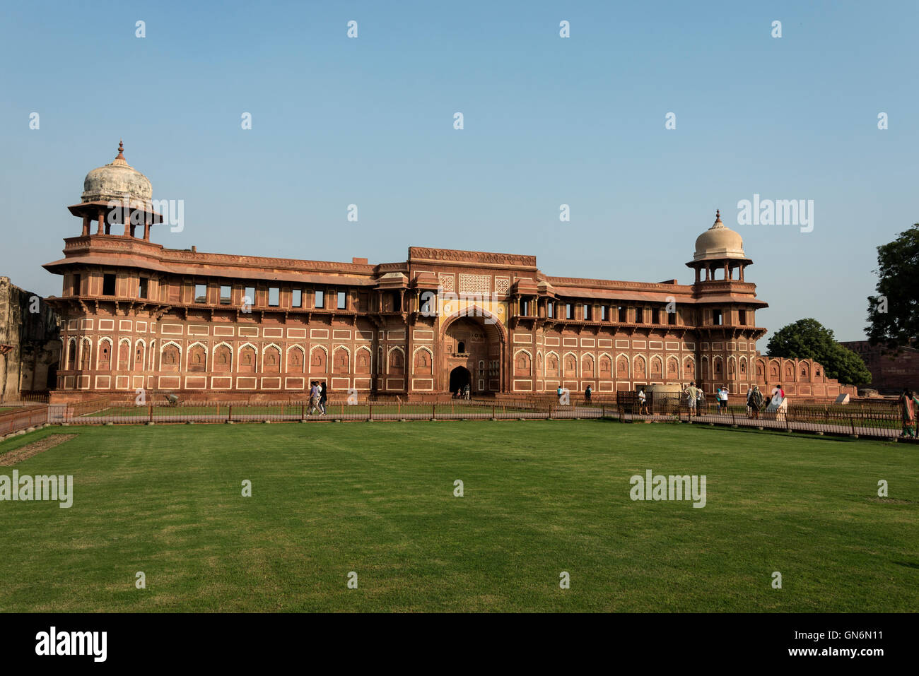 The Jehangir Mahal and the Akbari Mahal at the 16th-century Mughal monument are known as the Red Fort of Agra.   Agra Fort is built Stock Photo