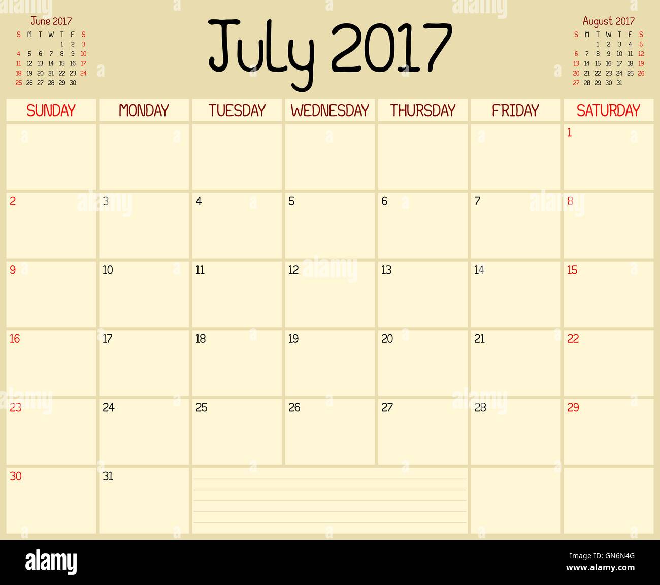 A monthly planner calendar for July 2017. A custom handwritten style is  used Stock Vector Image & Art - Alamy