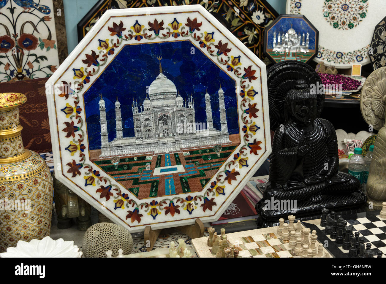 A shop display in Agra, Uttar Pradesh, India, of a handmade tabletop