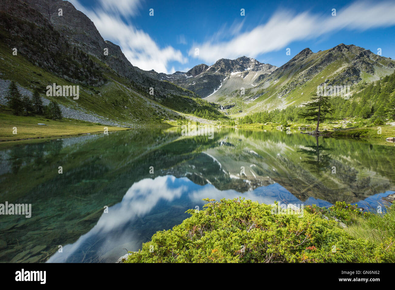 Lake reflections at Lake Arpy (Lago d'Arpy). Summer season. Morgex. The Aosta Valley. Italian Alps. Europe. Stock Photo