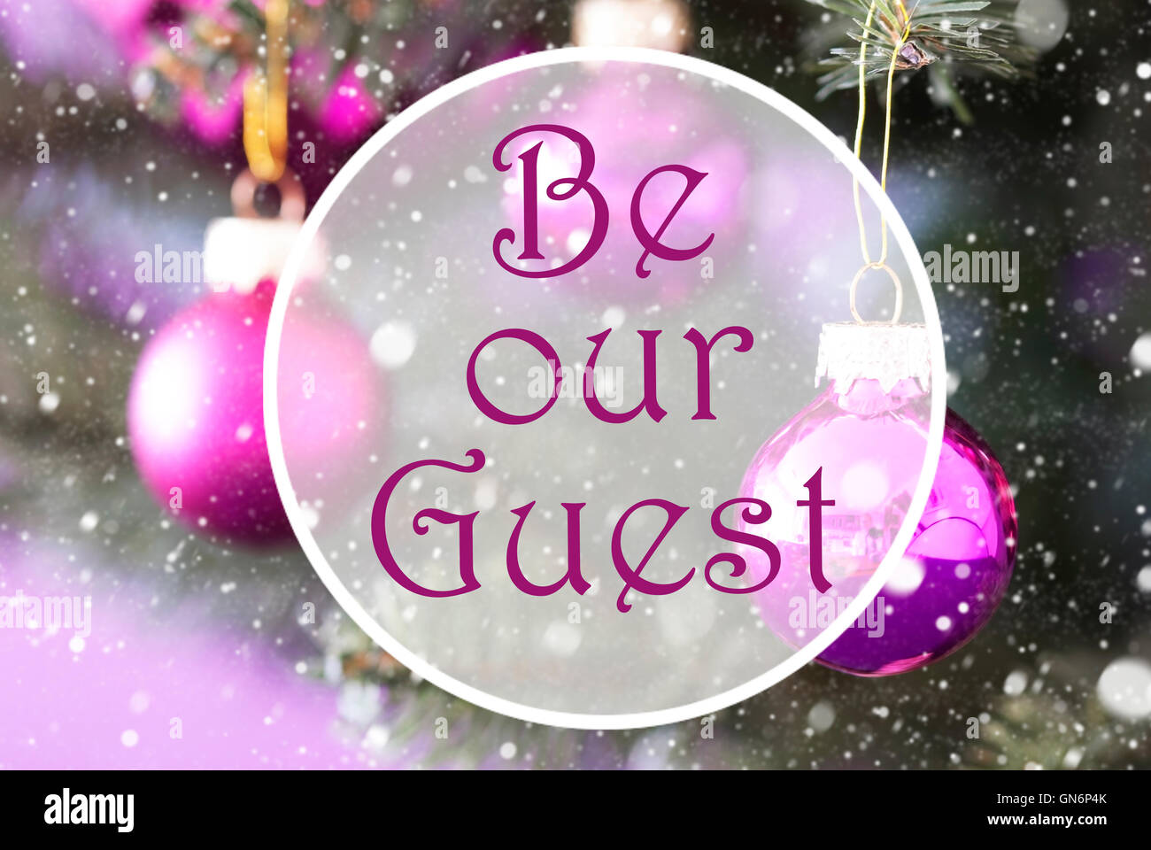 Blurry Rose Quartz Christmas Balls, Text Be Our Guest Stock Photo