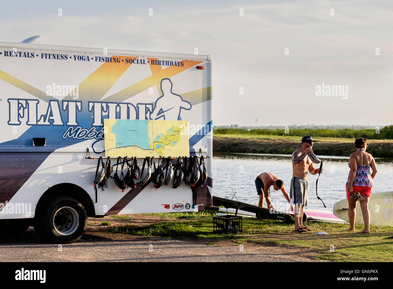 A truck renting watercraft is parked next to the North Canadian river in Oklahoma City, Oklahoma, USA. Stock Photo