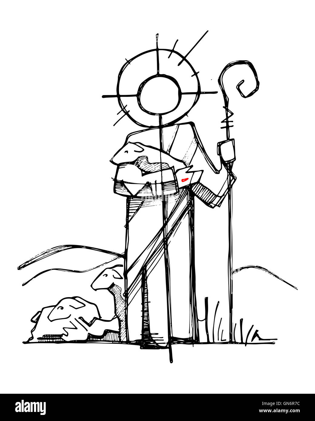 Hand drawn illustration or drawing of Jesus Christ as a Good Shepherd in a minimalist style Stock Photo