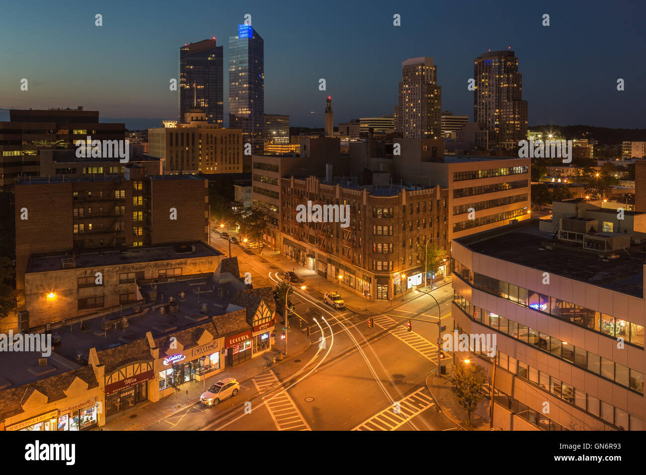 A twilight view of the skyline with modern residential towers in White Plains, New York. Stock Photo