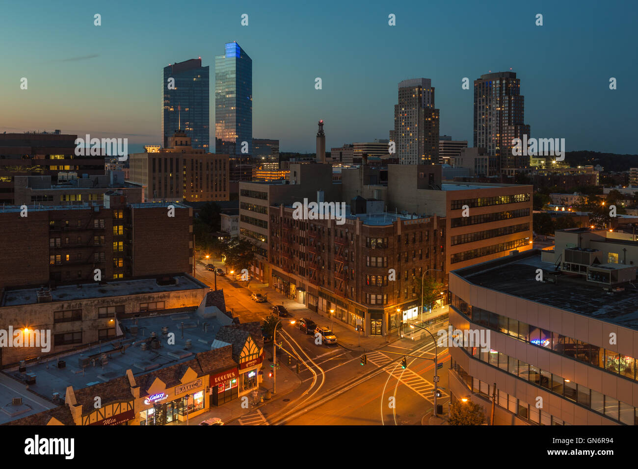 A twilight view of the skyline with modern residential towers in White Plains, New York. Stock Photo