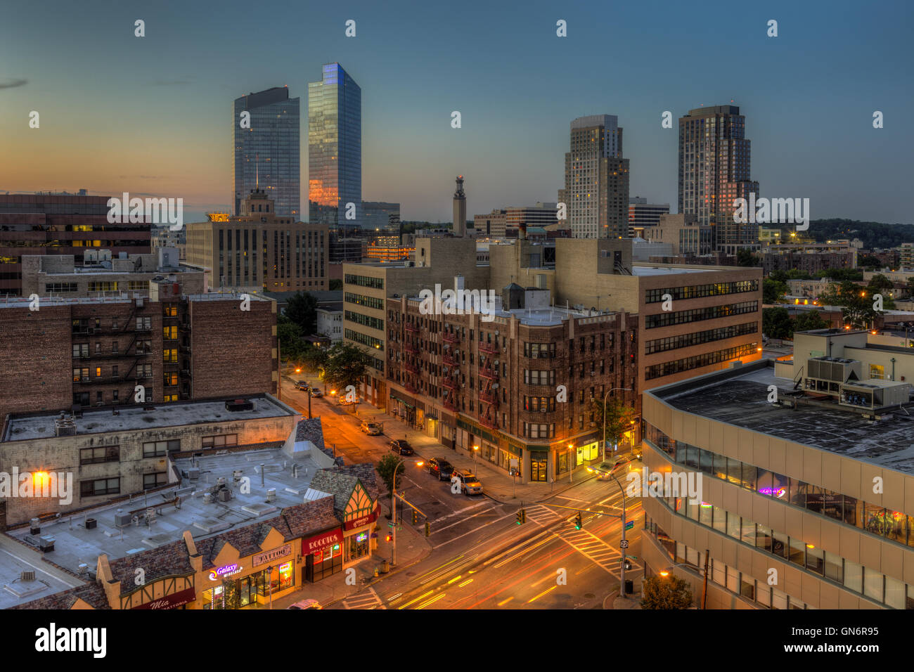 A twilight view of the skyline with modern residential towers in White Plains, New York. Stock Photo
