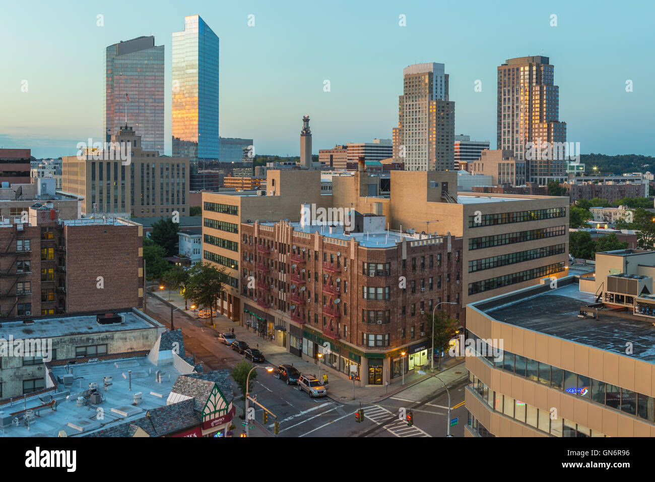An evening view shortly before sunset of the skyline with modern residential towers in White Plains, New York. Stock Photo