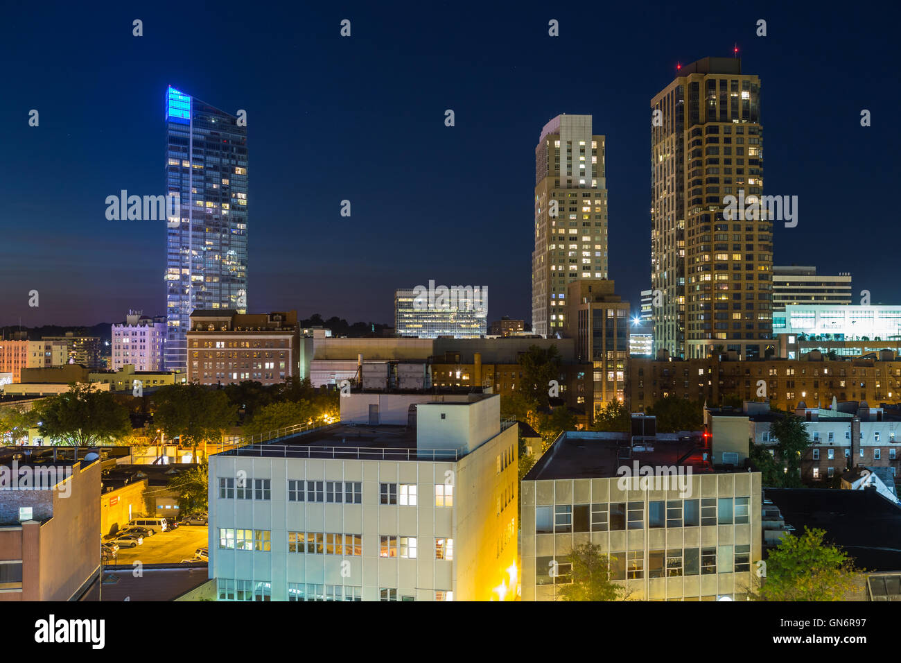 A twilight view of the skyline with modern residential towers in White Plains, New York. Stock Photo