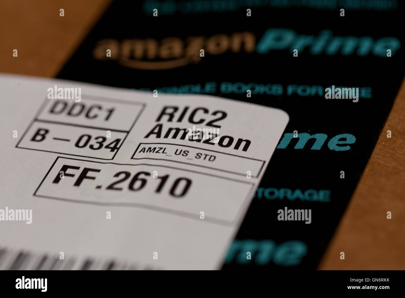 Amazon shipping label on package - USA Stock Photo