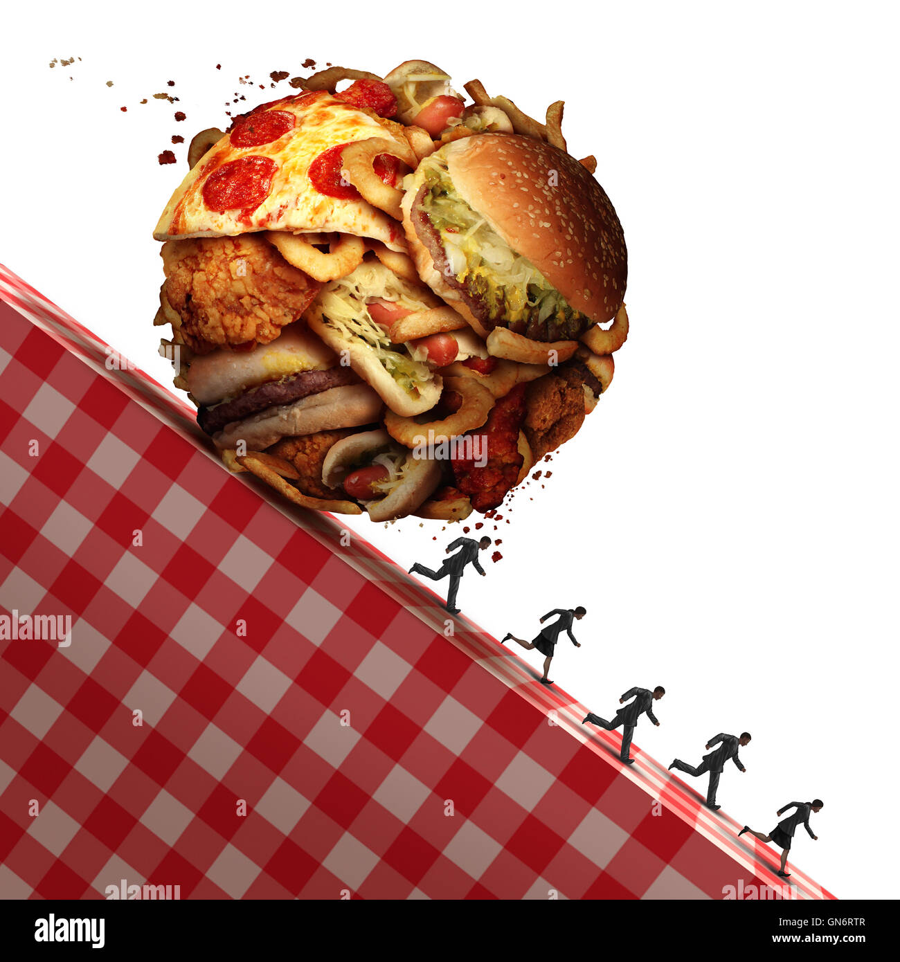Cholesterol health danger as Junk food eating and dealing with a nutrition medical urgency concept as people running away to avoid an unhealthy diet with a ball made of greasy snacks as hamburgers and french fries with 3D illustration elements. Stock Photo