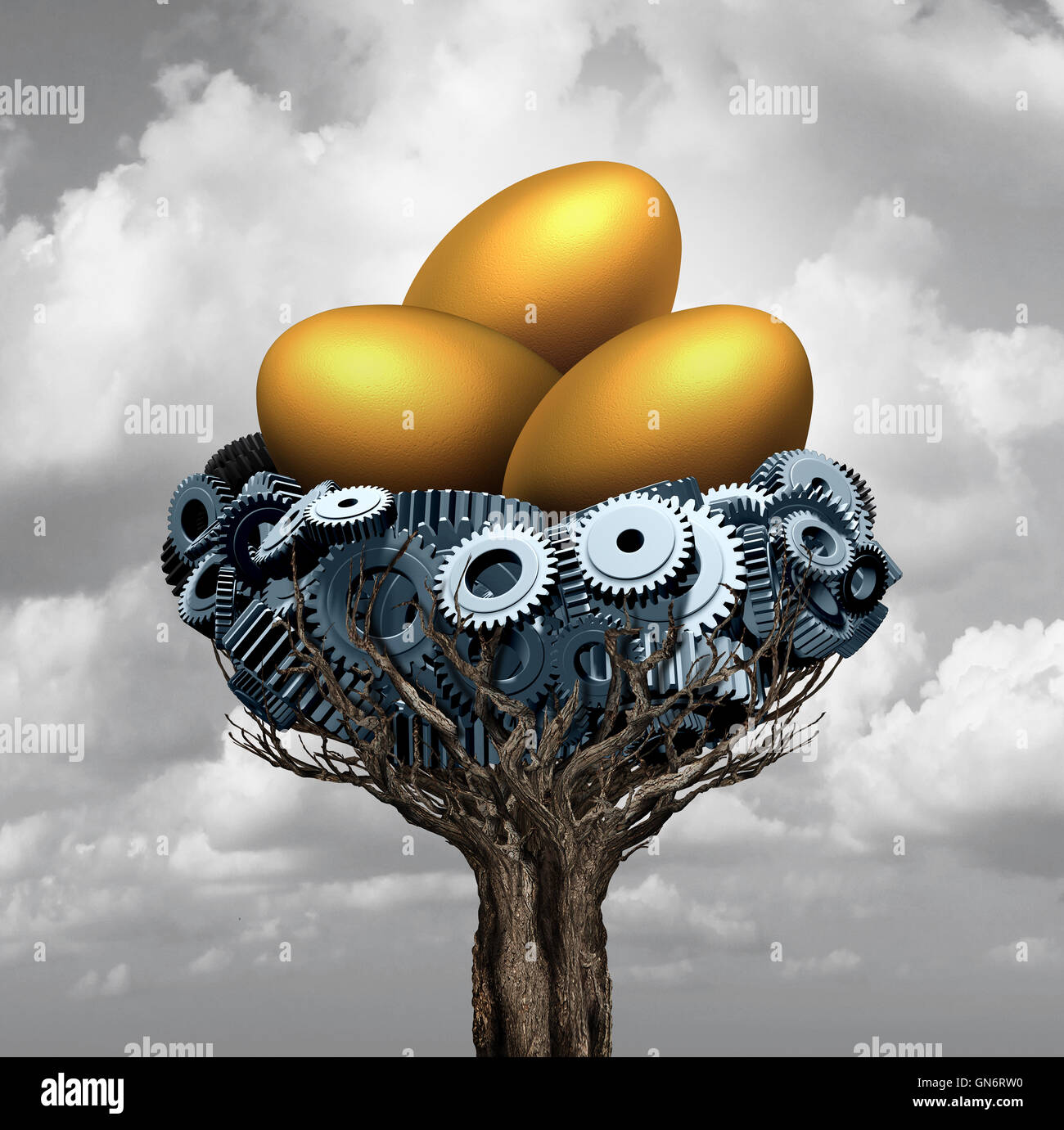 Business nest egg concept as a group of gears and cog wheels shaped as a nesting area for gold as a corporate and industry metaphor for financial investing success for corporation prosperity with 3D illustration elements. Stock Photo