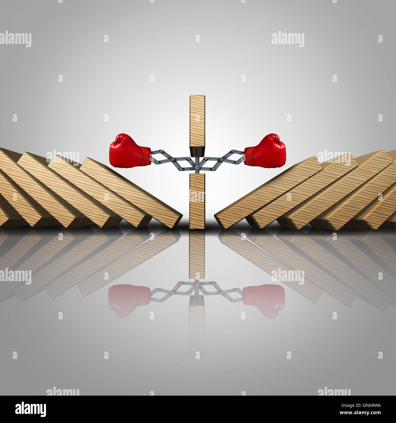 Winning strategy concept as a domino punching aside other dominos as clever business thinking as a success metaphor and power to dominate symbol as a 3D illustration. Stock Photo