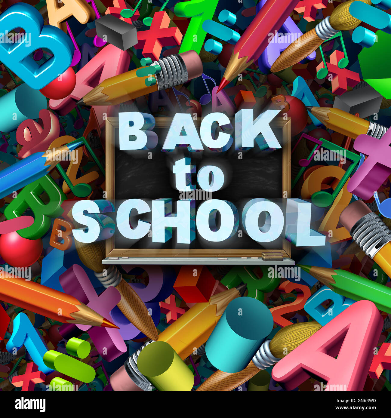Back to school concept as a group of classroom teaching and learning supplies and education symbols with a chalkboard as an icon for the start of a new academic year for elementary or grade schools as a 3D illustration. Stock Photo