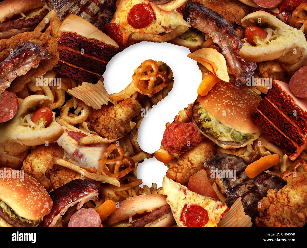 Unhealthy food choice concept and dieting questions concept and diet worries with greasy fried fast food take out as burgers hot dogs with fried chicken cake and pizza shaped as a question mark for eating uncertainty in a 3D illustration style. Stock Photo