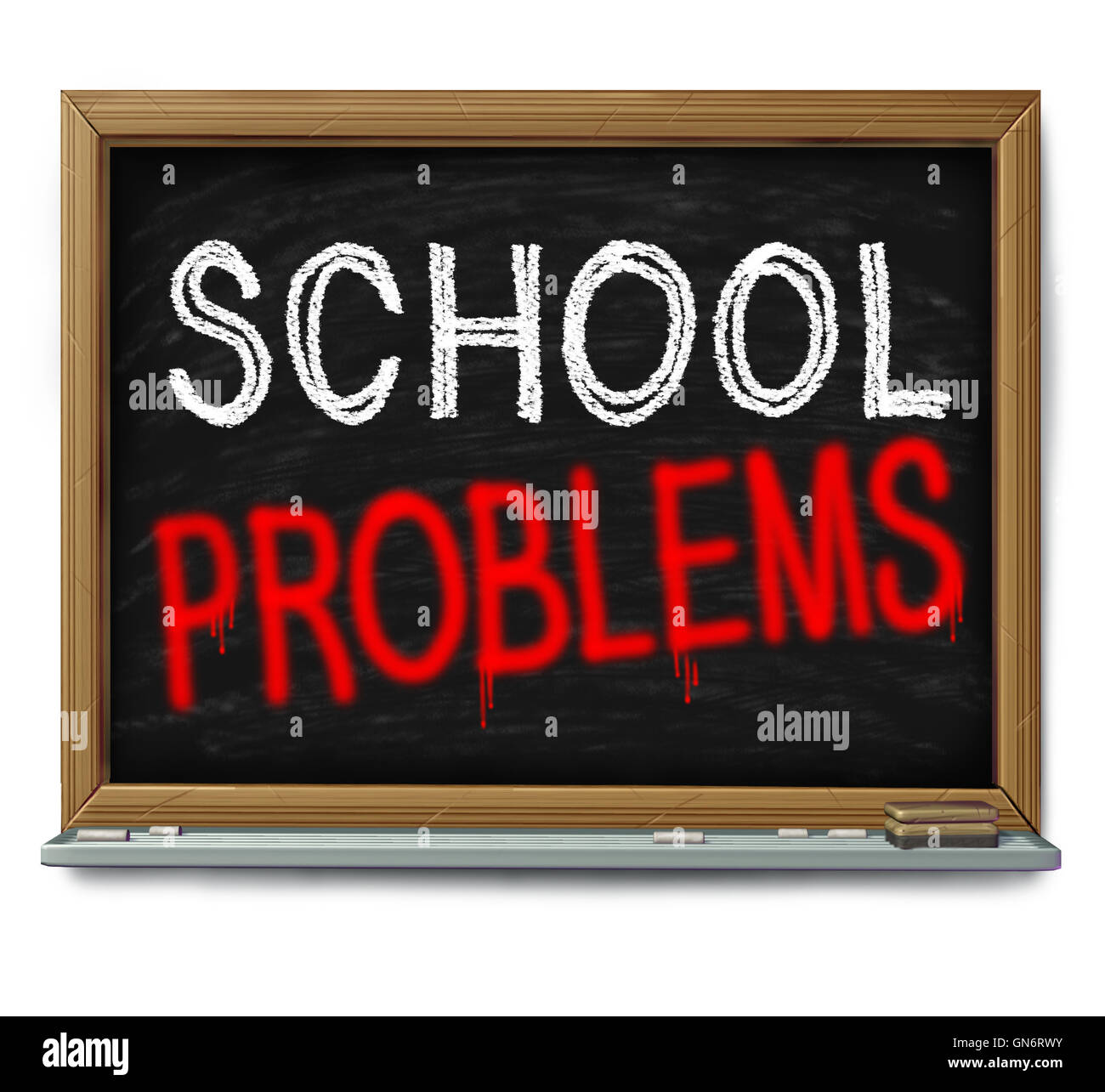 School problems and failing schools concept as a chalk blackboard with text written as an education trouble symbol or literacy and learning challenge or crime in a learning facility wioth 3D illustration elements. Stock Photo