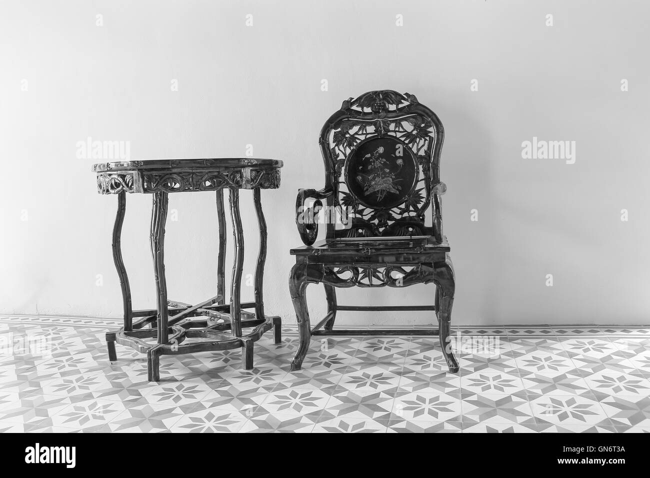 Chairs, antique brown wood. Stock Photo