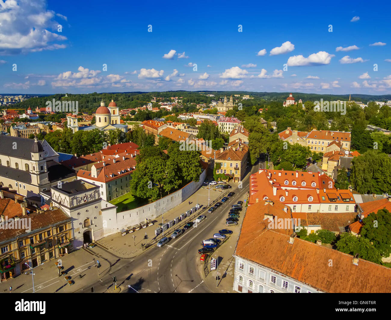 AERIAL. Old Town in Vilnius, Lithuania: the Gate of Dawn Stock Photo