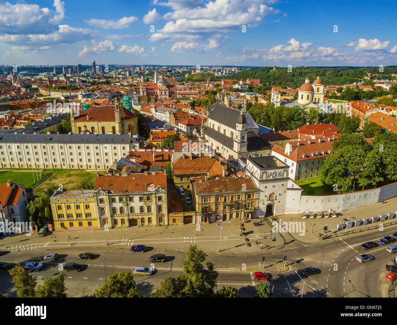AERIAL. Old Town in Vilnius, Lithuania: the Gate of Dawn Stock Photo