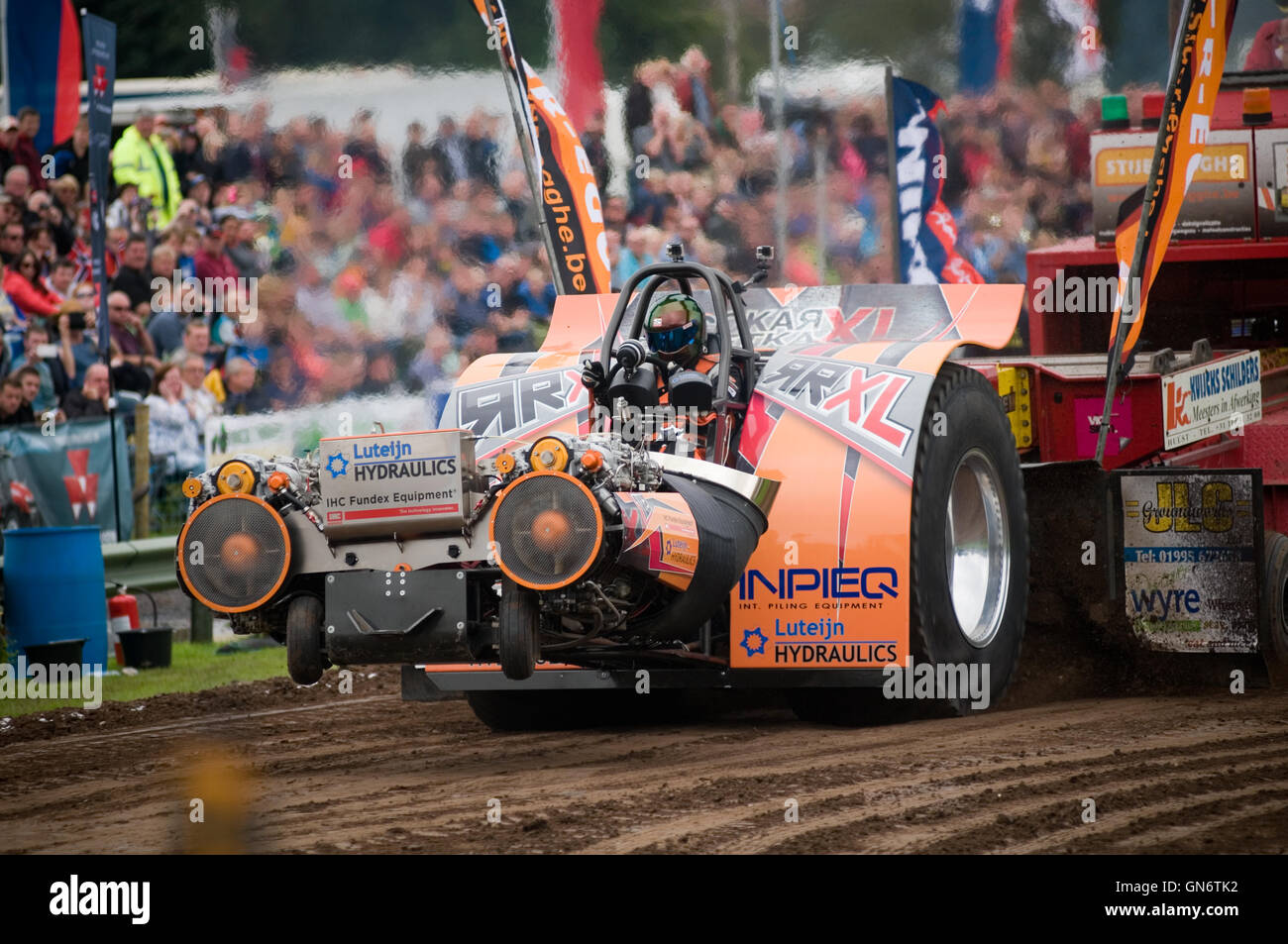 jet engine powered 2.5 ton modified tractor pulling a sled while competing in a tractor pull Stock Photo