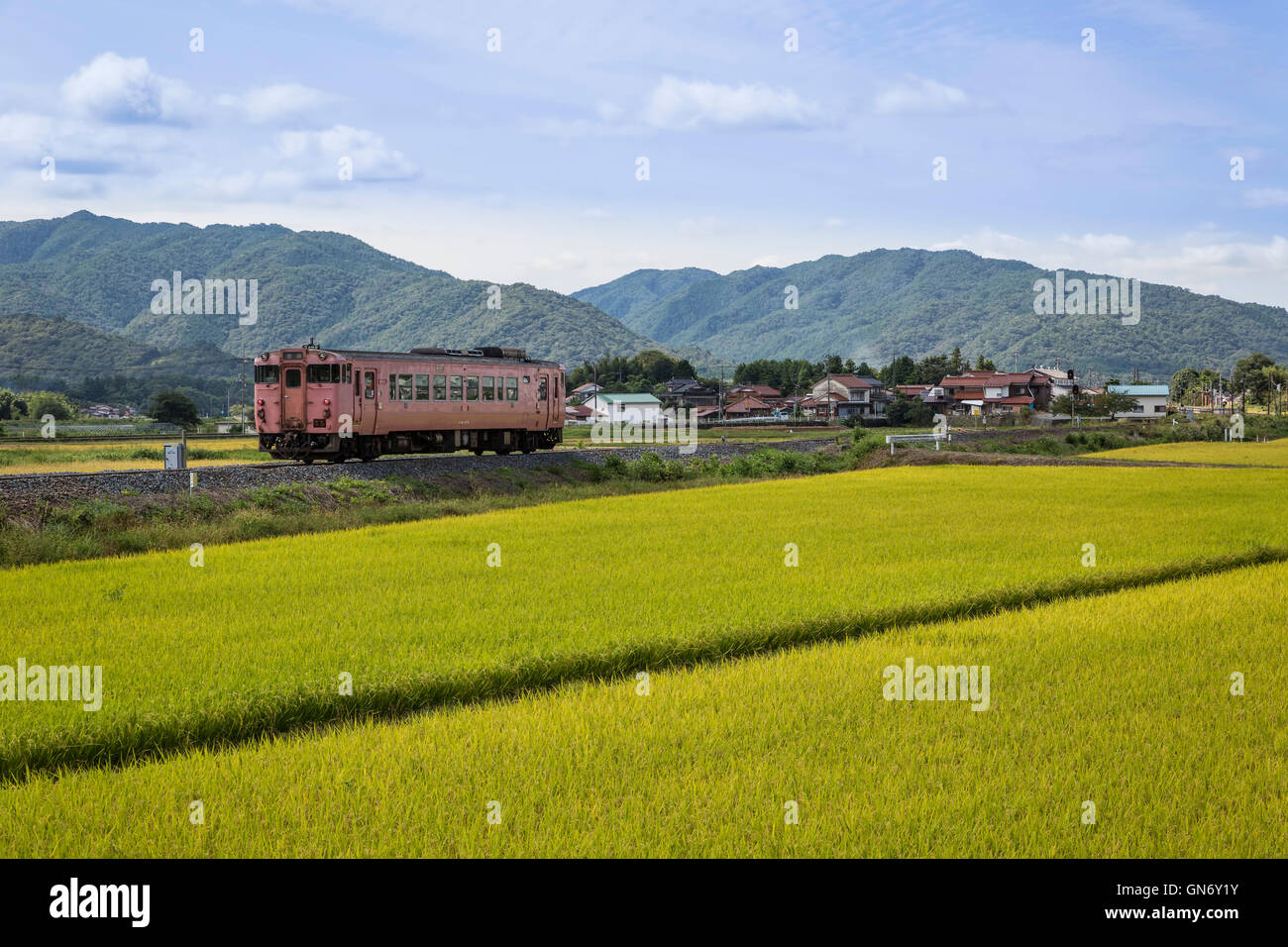 Train Running in the Countryside, Yamaguchi, Japan Stock Photo