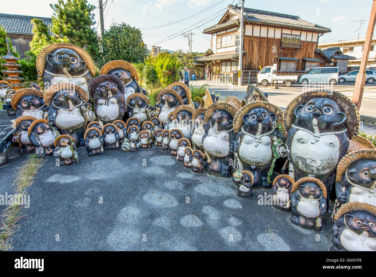 Group of Raccoon Dogs Statue, Koka, Japan Stock Photo