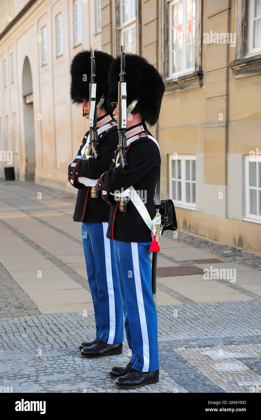 Guardsmen Standing in front of the Amalienborg Palace, Copenhagen, Denmark Stock Photo