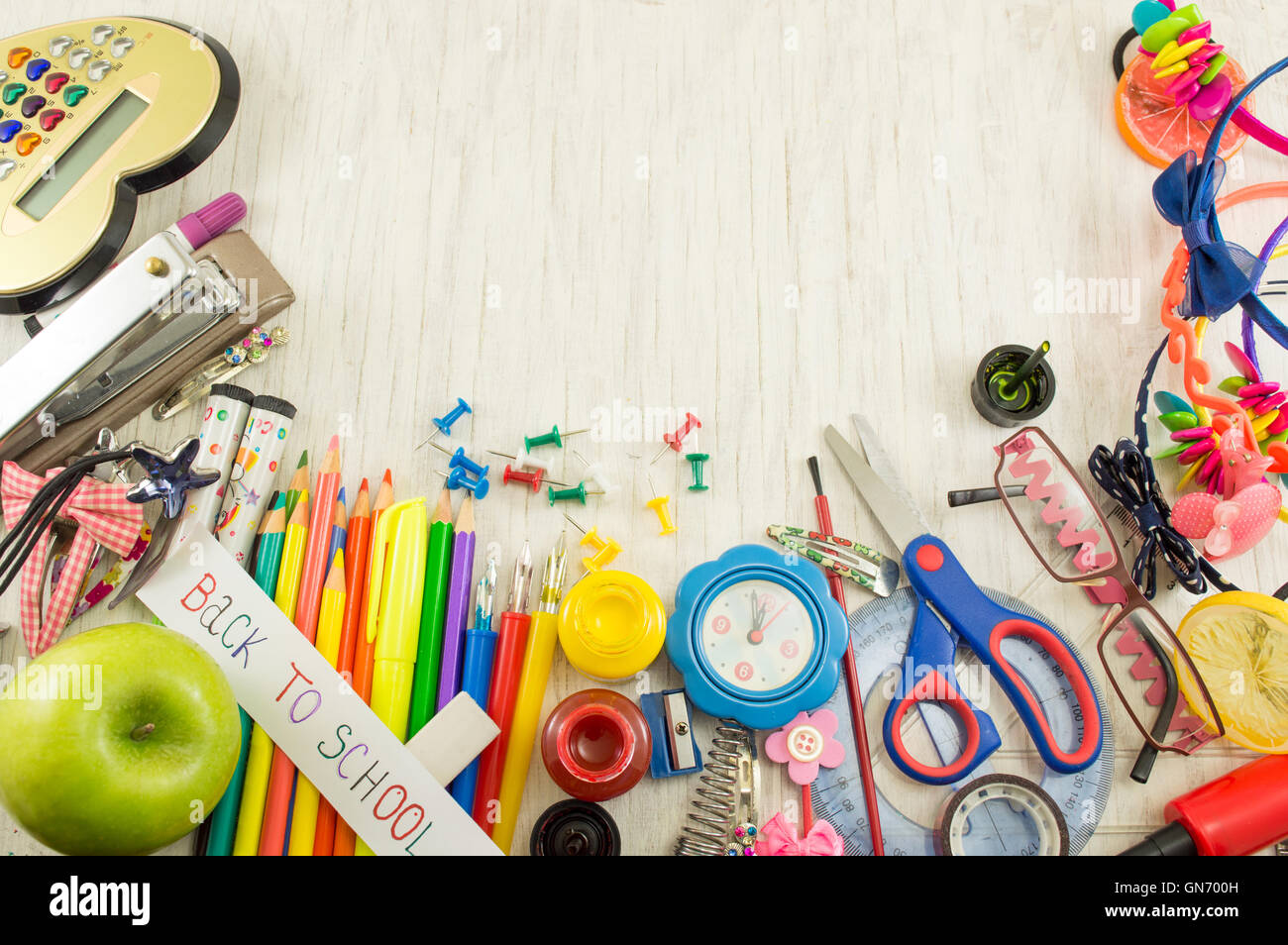 Creative chaos of learning tools for new school year Stock Photo