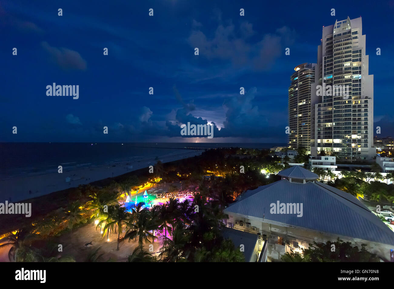 Night scene of South Beach, Miami, USA Stock Photo