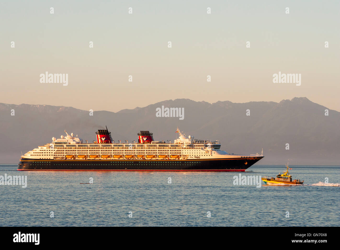 Cruise ship Disney Wonder and pilot boat in Salish Sea at dawn-Victoria, British Columbia, Canada. Stock Photo