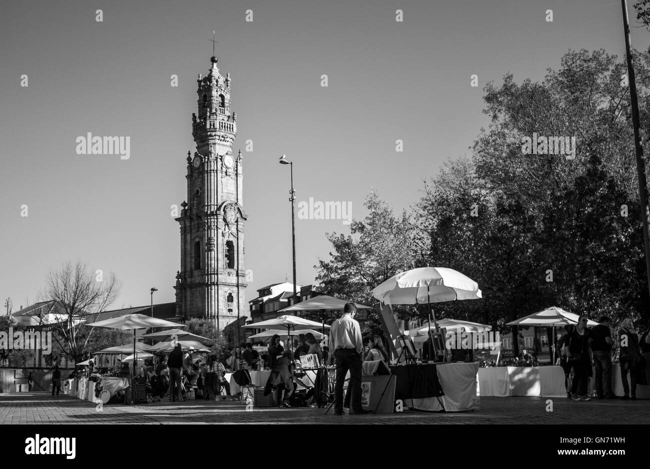 Black and White city shot of Clérigos in Porto, Portugal Stock Photo