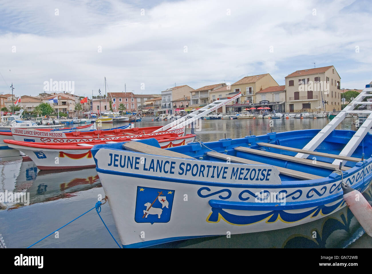 Joust boats in the harbour at Meze on the Etang de Thau in the Herault department. Stock Photo