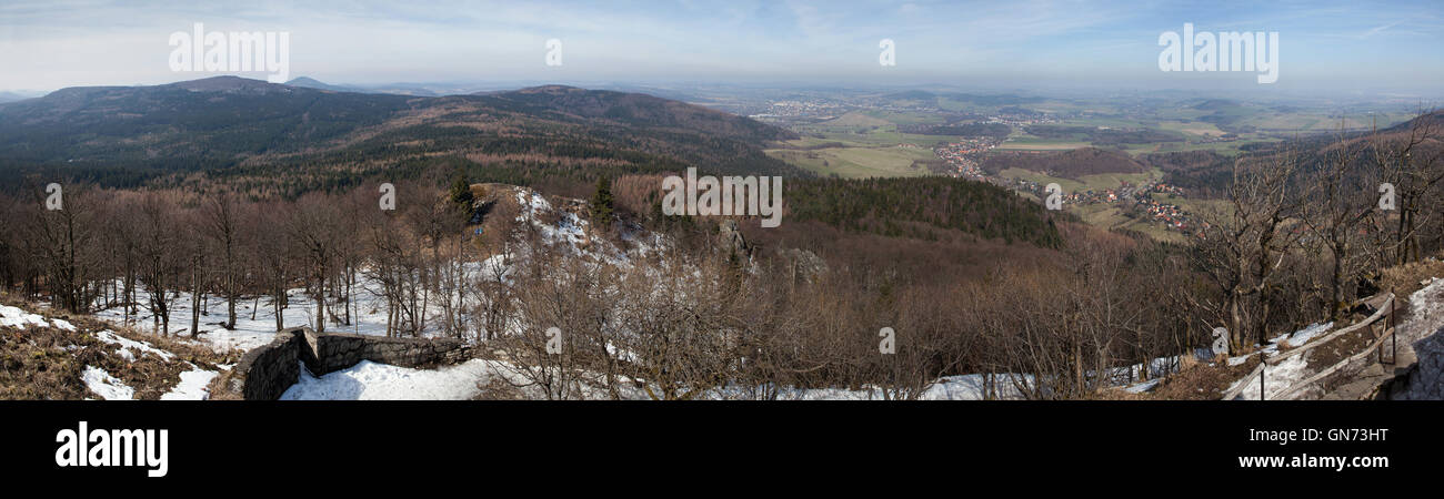 Panoramic view of the Lusatian Mountains on the border between Germany and the Czech Republic pictured from the summit of Mount Stock Photo