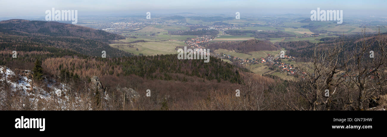 Panoramic view of the Lusatian Mountains on the border between Germany and the Czech Republic pictured from the summit of Mount Stock Photo
