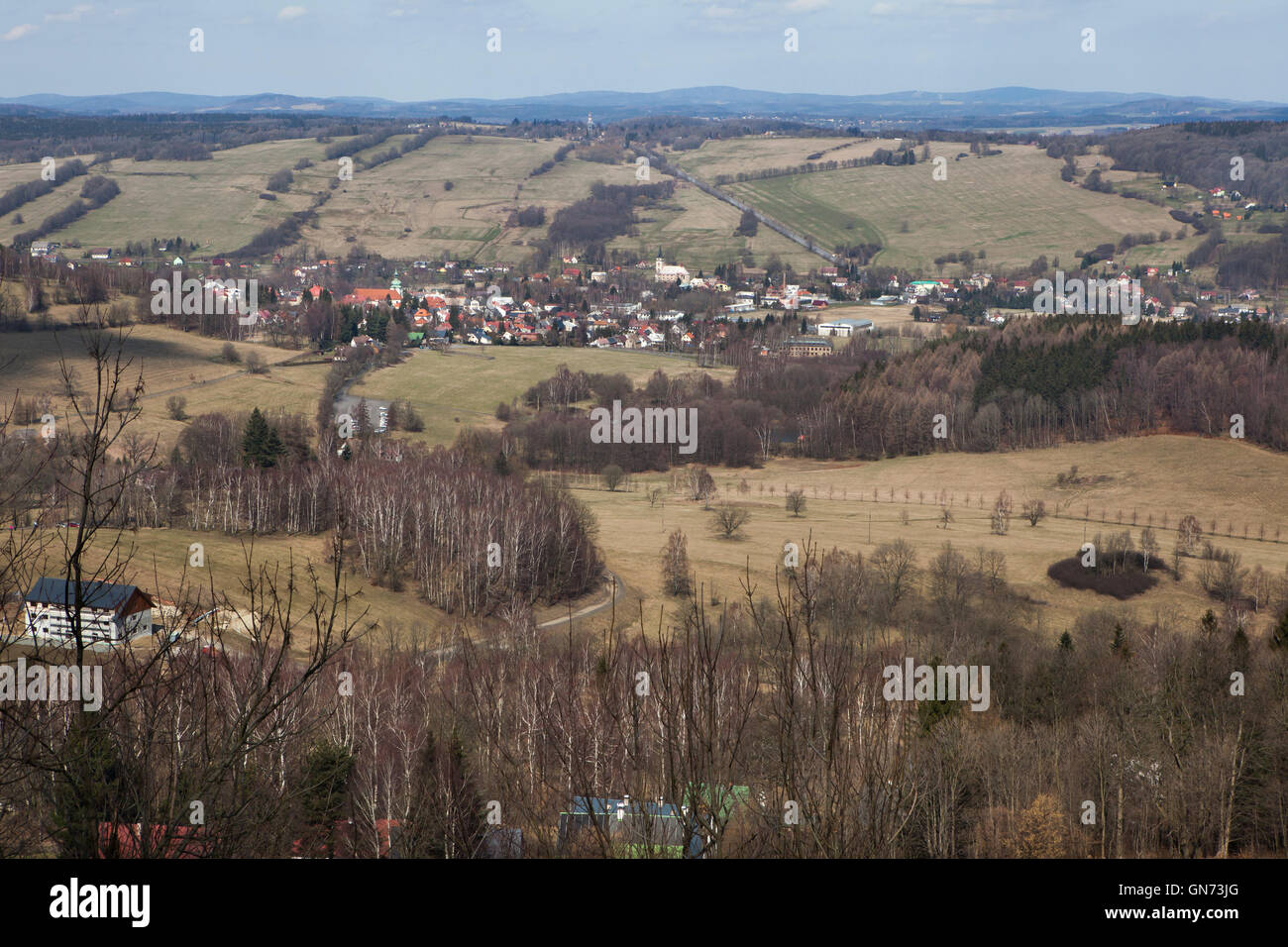 Jiretin pod Jedlovou in North Bohemia, Czech Republic, pictured from Tolstejn Castle. The hills in the background are in Germany Stock Photo