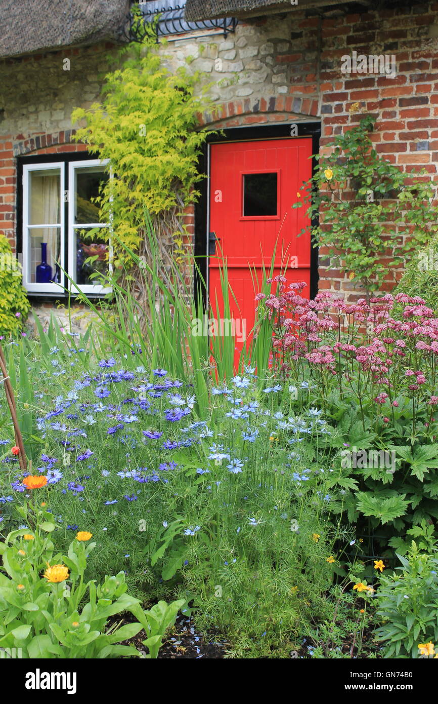 Red door of a thatched cottage in English cottage garden setting, East Meon, Hampshire, England, UK Stock Photo
